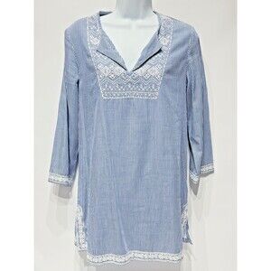 J. McLaughlin Blue Striped Lace Trim Blouse Tunic 3/4 Sleeve Women's Size S (A1)